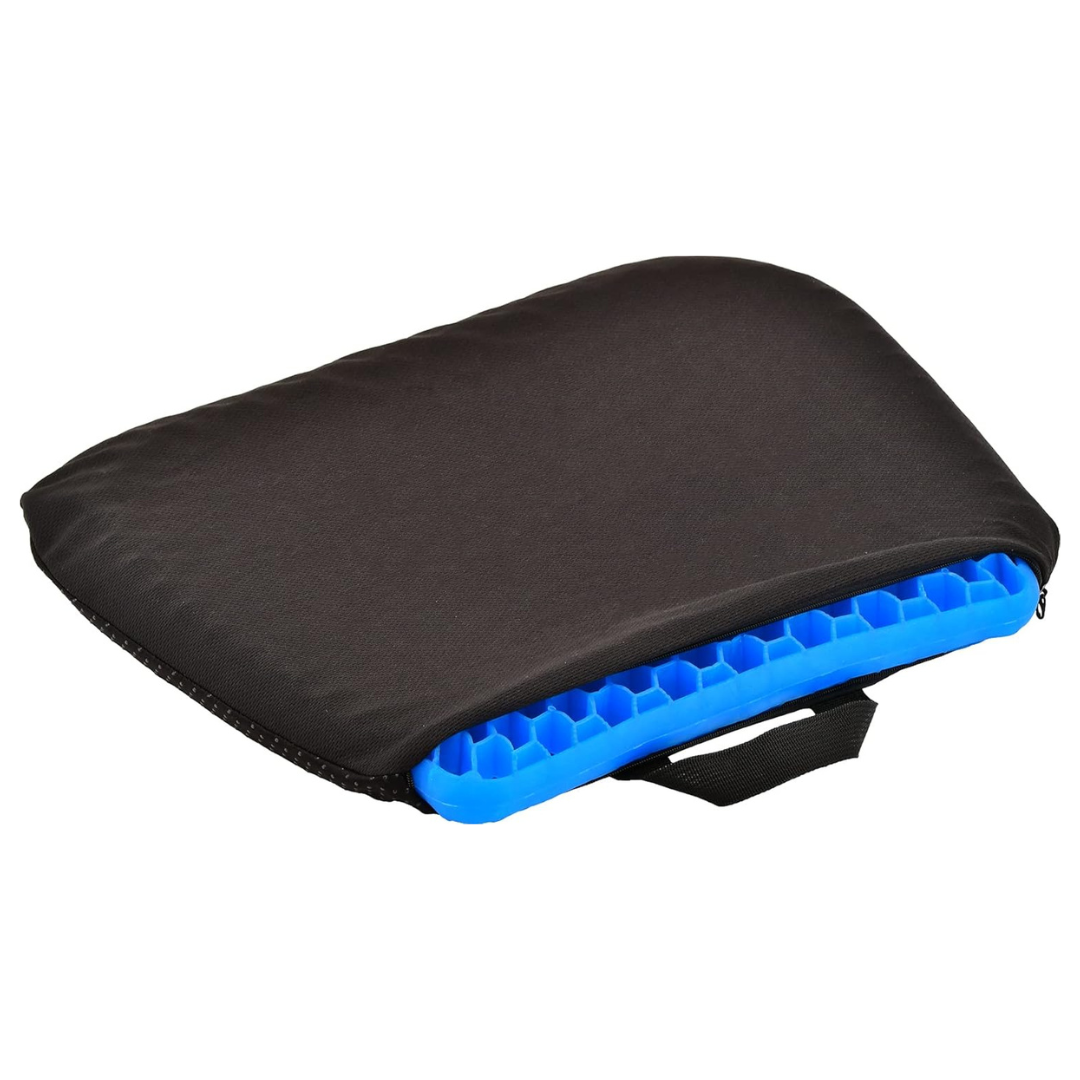The Nova Medical Happy Collection Gel Cushion in blue features a honeycomb structure for excellent pressure relief. Partially enclosed in a black fabric cover with a handle, the unzipped cover reveals the textured surface for essential back support.